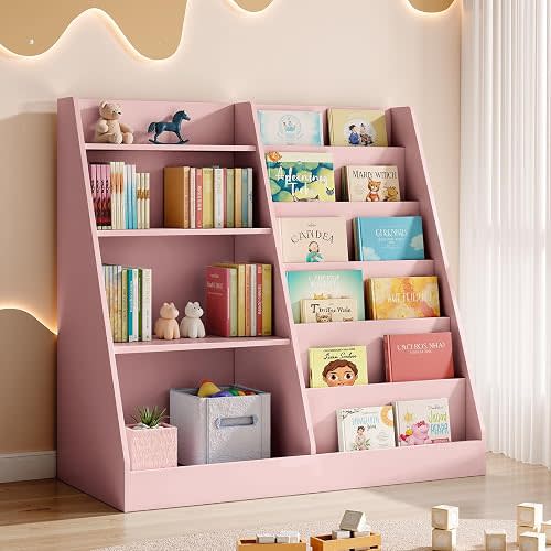 Tatub 6 Tier Kids Wooden Bookshelf and Toy Storage, Children Toy Organizer with Upgraded Book Shelves, Toddler BookRack Baby Bookcase for Nursery, Playroom and Classroom, Pink