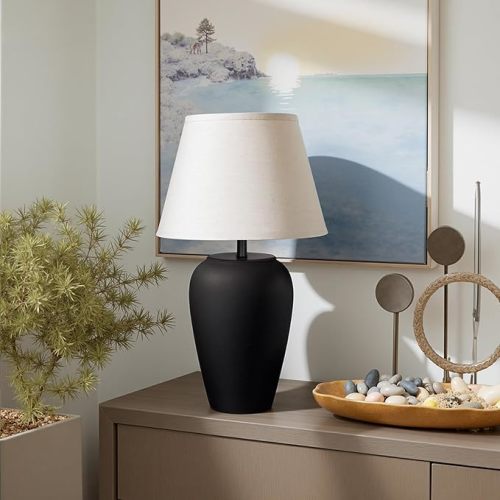 Ceramic Pot Table Lamp 18.5 inch Circular Frosted Nightstand Lamp, Tapered Fabric Shade Bedside, Ceramic Decorative for Living Room Bedroom House Office Entryway, TL1