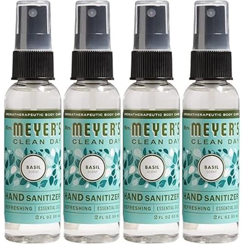 MRS. MEYER'S CLEAN DAY Antibacterial Hand Sanitizer Spray, Travel Size, Removes 99.9% of Bacteria, Basil, 2 oz - Pack of 4