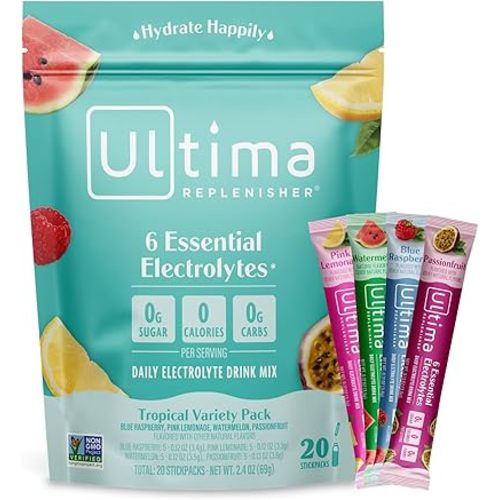 Ultima Replenisher Daily Electrolyte Powder Drink Mix – Tropical Variety, 20 Stickpacks – Hydration Packets with 6 Electrolytes and Minerals – Keto Friendly, Non-GMO and Sugar-Free