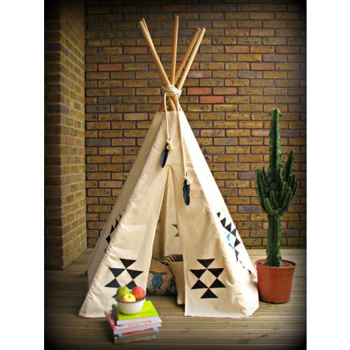 Teepee tent, playtent, handprinted, natural cotton fabric