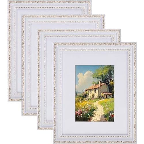 eletecpro 8x10 Picture Frames Set of 4, Vintage 8 x 10 Photo Frames with Glass, Display 5x7 Photo with Mat or 8x10 without Mat for Tabletop or Wall Decor, White