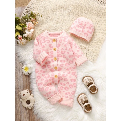 SHEIN Playful Pals Baby Girl Casual Leopard Print Knitted Jumpsuit, Autumn/Winter Baby Girl Leopard Outfit Cheetah Print Baby Clothes Newborn Sweater Romper Winter Newborn Girl Clothes Newborn Unisex Warm Clothes Fall | SHEIN USA