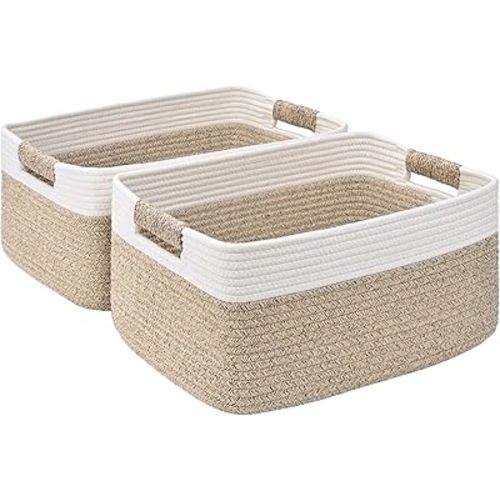 2 Pack Large Storage Basket for Organizing, 17.5"x13.5"x7.5" Woven Basket for Shelves, Closet Cube Storage Bins with Wrapped Handle, Cotton Rope Baskets for Kitchen, Clothes, Toys(Off White & Brown)