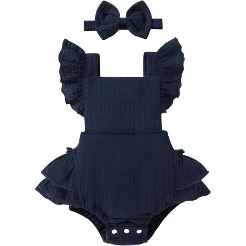 Happy Town Baby Girl Clothes Toddler Summer Linen Romper Sleeveless Ruffle Outfits Infant Girls Jumpsuit with Headband