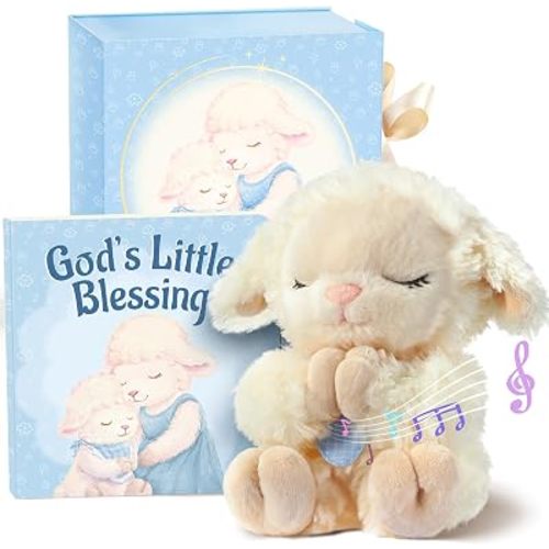 MyMateZoe Baptism Gifts for Boys, Catholic Christening, Baby Dedication & Baptismal Gift Set for Baby Boys & Kids, with 9" Musical Praying Lamb Plush Toy & God's Little Blessing Book in Keepsake Box