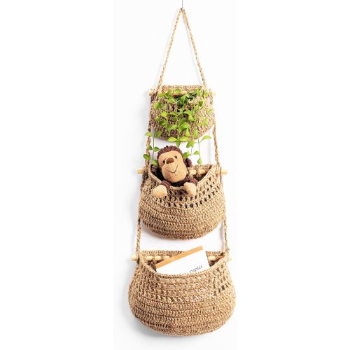 Hanging Fruit Basket, 3 Tier Woven Jute Wall Hanging Basket for Organizing, Hanging Produce Basket for Fruit & Vegetable Storage, Boho Kitchen Decor, Wall Basket Storage for Kitchen, Bedroom, Bathroom