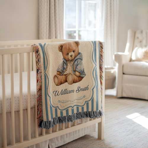 Baby Name Blanket Teddy Bear Personalized Throw, Striped Nursery Decor Baby Boy Baby Girl with Name, Newborn Keepsake Custom Nursery