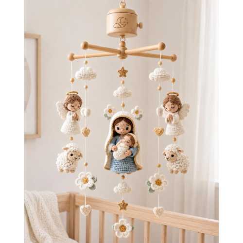 Crochet Virgin Mary Baby Mobile, Catholic Nursery Decor, Baby Jesus Angel Lamb Crib Mobile, Baptism Gift, Christian Baby Shower Gift
