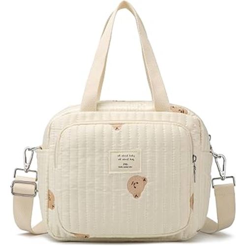 Small Diaper Bag Tote, Crossbody Diaper Bag Mini Purse with 7 Pockets, Travel Baby Bag for boys & Girls, 2 Bottle pocket, Off white