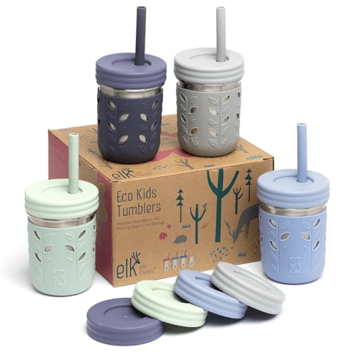Elk and Friends 10oz Stainless Steel Kids + Toddler Drinking Cups | The Original Mason Jar with Sleeves + Lids | Silicone Straws | Smoothies | Storage Jar | Spill Resistant | Dishwasher Safe | 4 Pack