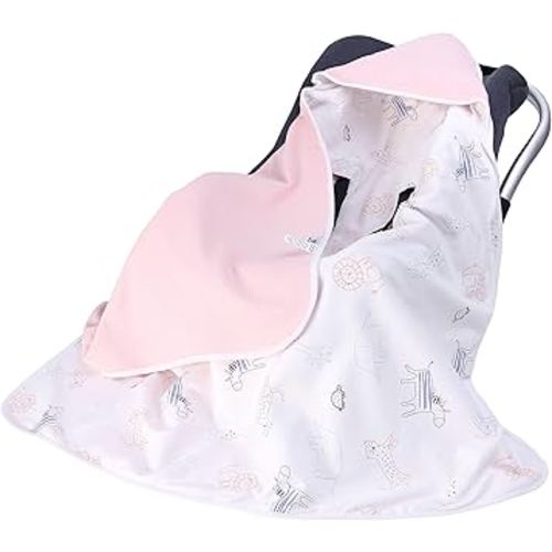 Miracle Baby Car Seat Swaddle Blanket for Babies, Waffle Carseat Blanket for Infants Newborn, Double-Layered Suitable for All Seasons 35.4"x35.4" (Pink + Zoo, Four Seasons)