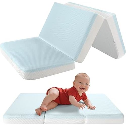 3'' Waterproof Crib Mattress,52x27.5 Inch Trifold Mattress for Toddler Bed,Portable Travel Memory Foam Nap Mat for Baby Infant Kids,Standard Full Size Sleep Mat with Removable Cover