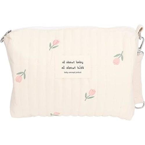 Multifunctional Baby Stroller Storage Bag, Large Capacity Handbag for Parents, Reusable Diaper Carry Bag with Zipper (Tulip Embroidery)