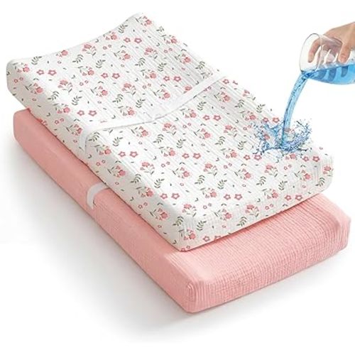 2 Pack Waterproof Muslin Changing Pad Cover with Safety Strap Hole, TPU Leakproof Protection Soft Muslin Baby Changing Table Covers for Boys & Girls, Fits 32" x 16" Changing Pad,Pink Blossom