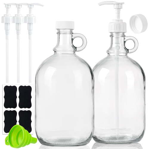 2 Pack 0.5 Gallon Syntic Glass Pump Dispenser Bottle for Laundry Soap Dispenser 64 oz Clear