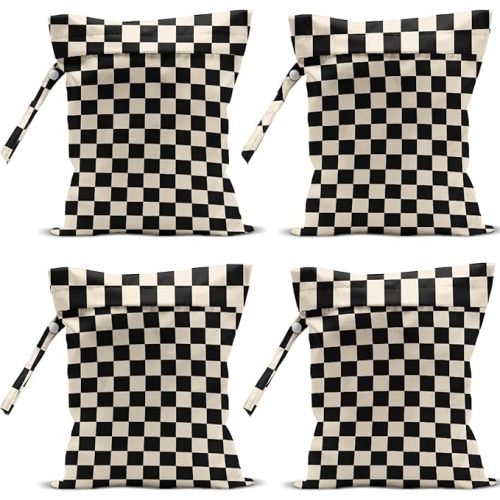 4 Pack Cute Wet Bag Waterproof Washable Reusable Wet Dry Bag for Swimsuit Clothes Cloth Diaper Travel Beach Pool Yoga Gym Halloween Party Camping Toiletries Travel Beach Essentials, Black Checkered