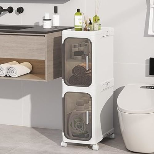 KHNR 2-Tiers Slim Bathroom Storage Cabinet, Foldable Storage Cabinets,Narrow Bathroom Storage,Movable Bathroom Storage Organizer for Small Spaces,Bathroom,Kitchen,Laundry,White