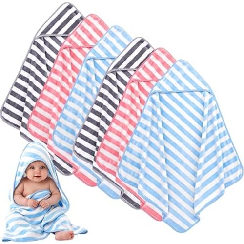 6 Pack Hooded Baby Towels - 32 x 32 Inch Coral Fleece Striped Receiving Blankets Soft Absorbent Newborn Bath Essentials for Infant Toddler Stroller Daycare for Boys Girls, Pink Blue Grey
