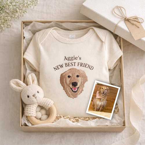 Custom Embroidered Pet Portrait Baby Bodysuit - Personalized Dog Baby Onesie from Photo - First Birthday Gift for Boy