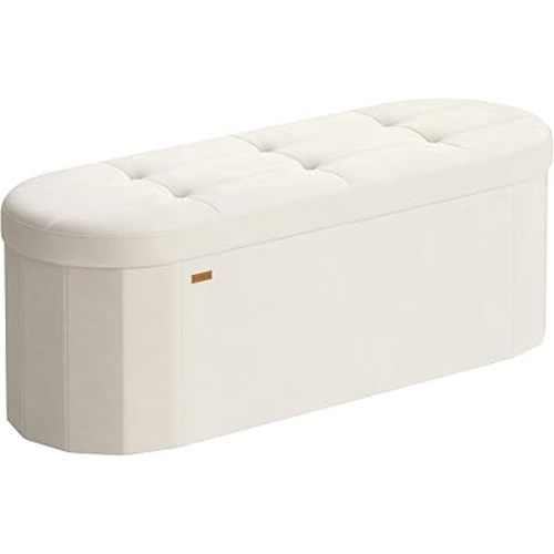 SONGMICS Mazie Collection - Folding Ottoman with Storage, Oval Storage Ottoman Bench, for Living Room, Bedroom, Velvet Fabric, 15 x 43 x 15 Inches, Cream White ULSF297LH01