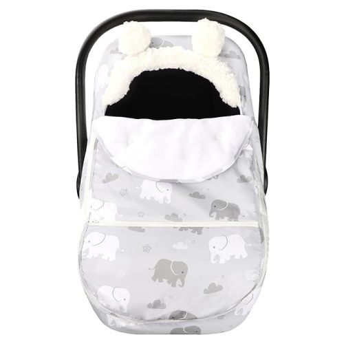 Carseat Cover Boys, Winter Cozy & Warm Cover, Elephant Baby Car Seat Cover, Infant Car Seat Canopy, Ultra-Soft Breathable Protect Baby from Cold Wind, Zipped Removable Design