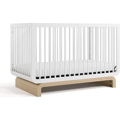 Storkcraft Santorini Deluxe 5-in-1 Convertible Crib with Bonus Toddler Guardrail (White with Driftwood) – GREENGUARD Gold Certified, Toddler Guardrail Included in Box, Fits Standard Crib Mattress