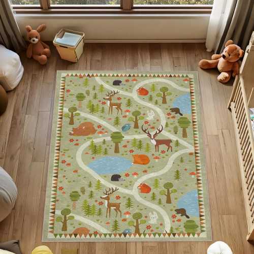 Woodland Nursery Rug: Forest Animals Design (Soft Velvet, Machine Washable)