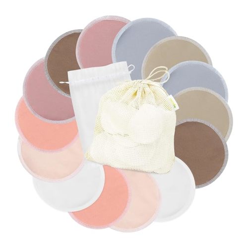 wegreeco Nursing Breast Pads (14 Pack) + Laundry Bag & Travel Storage Bag, 4.7 inch - Washable & Reusable Breastfeeding Nursing Pads (Mild, Large, Contoured Shape)