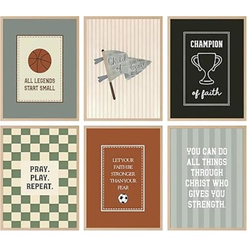 6Pcs Kids Sports Motivational Bible Verses Wall Art Vintage Christian Wall Decor Pictures Boys Basketball Soccer Trophies Flag Canvas Posters Prints for Playroom Home Decoration 8x10in Unframed