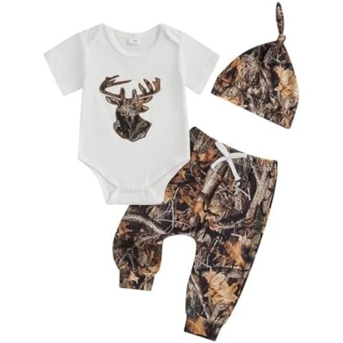 Newborn Baby Boy Hunting Outfit Deer Mallard Duck Short Sleeve Romper Jungle Camo Pants Set Hat 3Pcs Clothes