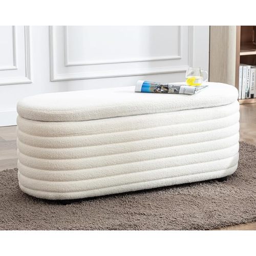 Storage Teddy Ottoman Bench Upholstered Fabric Storage Bench End of Bed Stool with Safety Hinge for Bedroom, Living Room, Entryway, Closet(45.5", White)