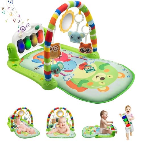 Baby Play Mat, Tummy Time Mat Baby Gym Play Mat with Music & Light, Animal Rattles Play Mat for Babies 0-6 6-12 Months Newborn Baby Activity Mat Infant Kick and Play Piano Gym Toy Gift, Litter Bear