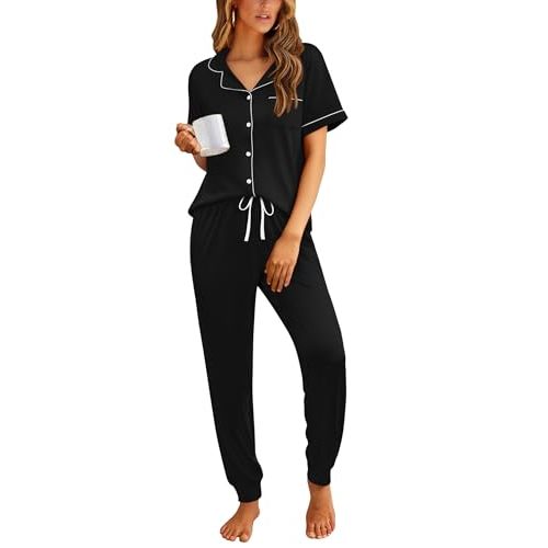 Ekouaer Women Pajama Set Short Sleeve Button Down Pjs with Jogger Pants | Soft Comfy Sleepwear Nightwear,2 Piece Lounge Set with Pockets