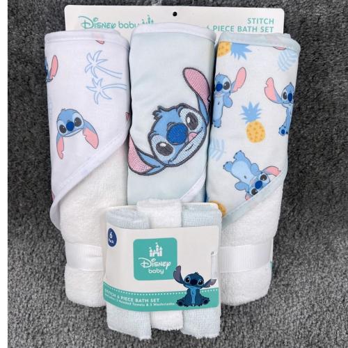 Disney Baby Stitch 6 Piece Bath Set Hooded Towels...