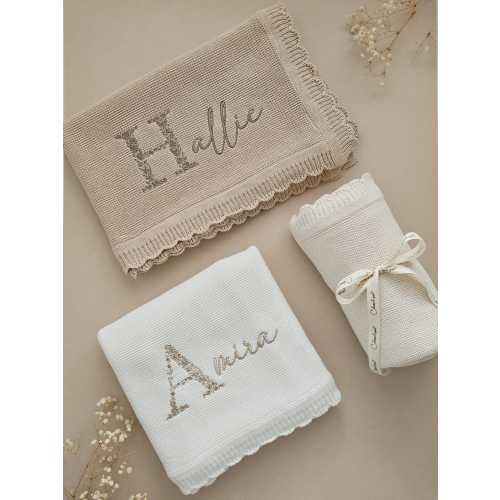 Luxury Embroidered Baby Blanket, Personalised Floral Heirloom, Shower Gift, Newborn Coming Home Outfit, Birth Name Annoucement, Scalloped