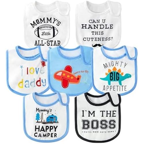7Pcs Cotton Waterproof Baby Bibs Hook Loop Closure Newborn Bib Keepsake Baby Gift for Drooling Feeding Eating