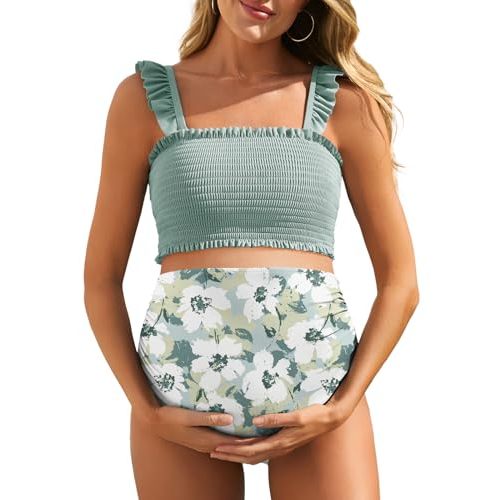 Summer Mae Maternity High Waist Bikini Swimsuit Two Piece Ruffled Hem Cute Bathing Suit Floral Pregnancy Swimwear