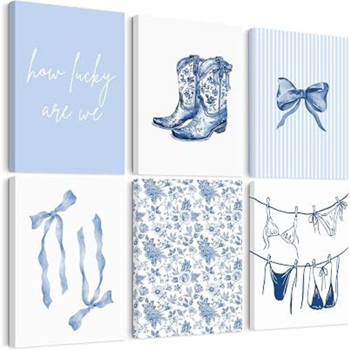 Blue Coastal Wall Art Cowgirl Western Canvas Poster Girls Room Dorm Wall Decor Preppy Aesthetic Pictures Beach Coastal Granddaughter Prints Tendy Boots Bow Painting for Bedroom 8x10 Inch Ready to Hang