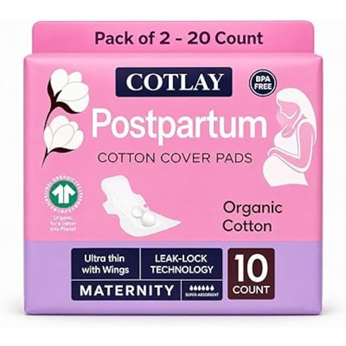 Postpartum Pads with Wings 20 Count – Organic Cotton Maternity Pads, Extra Long Overnight Protection, Pads for Postpartum Bleeding, After Birth Essentials for Mom, Post Partum Pads
