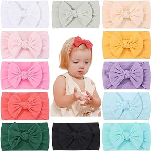 jollybows 12pcs Baby Nylon Headbands With Bow Elastic Hairband For Girls Newborn Infant Toddlers Kids Hair Accessories- Soft Light Color Set