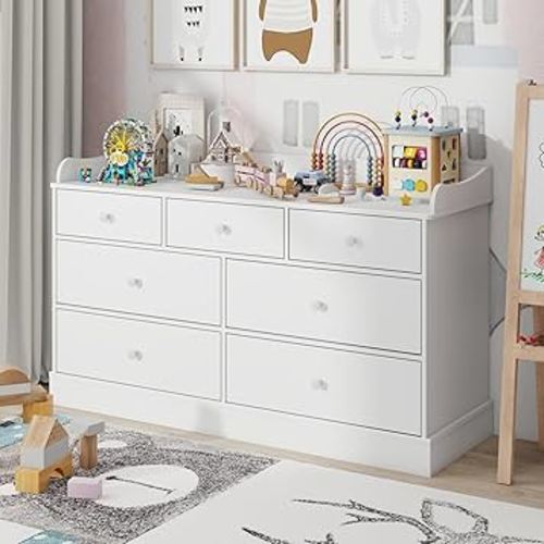 Vabches Kids Dresser Cabinet with 7 Drawers, Changing Table for Nursery, White Chest of Drawers, Baby Dresser, Kids Bedroom Furniture, Nightstand for Child’s Room, White