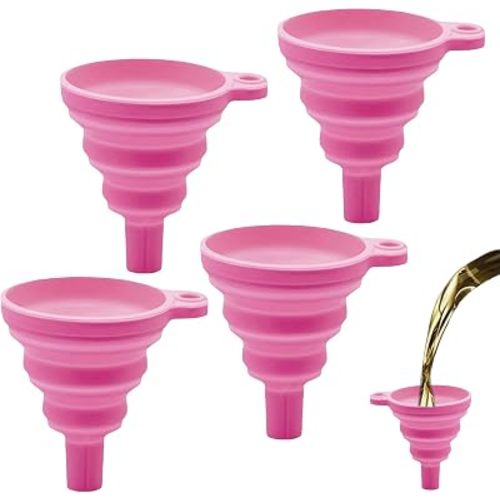 Kitchen Funnel Set of 4 - Food Grade Silicone Collapsible Funnels for Liquid, Powder, and Oil Transfer, Foldable Flexible Funnels for Filling Water Bottles, Perfume, Essential Oils (Pink)