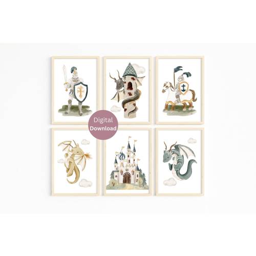 Boy Dragon Nursery Print Set of 6 - Fantasy Nursery Decor - Medieval knight Adventure Wall Art - Printable Dragon Poster- Boys Room Decor