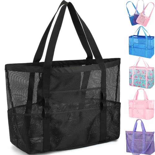 Fammart Mesh Beach Bag for Women, Large Beach Toy Pool Bag with Zipper Pocket, SandProof Cruise Essentials 2026 Family Travel