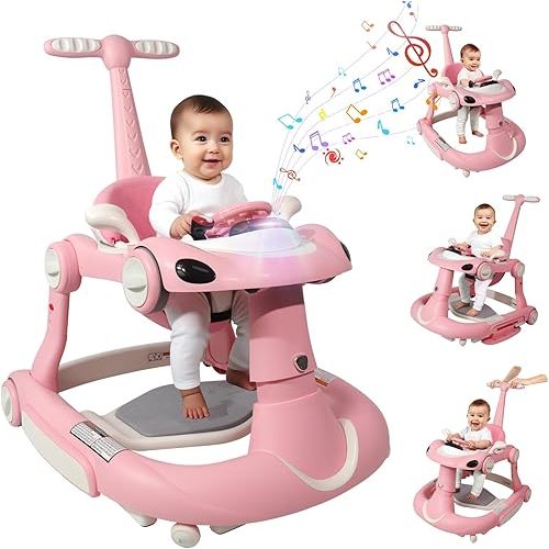 Baby Walker, 4-in-1 Baby Walker with Wheels Portable, Foldable Infant Toddler Walker for Boys Girls 6-18 Month,Removable Footrest,Car Steering Wheel & Music, Adjustable Push Walker Pink
