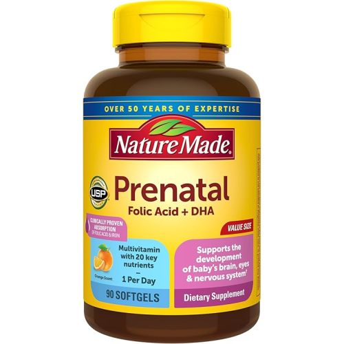 Nature Made Prenatal Vitamins for Women with Folic Acid + DHA, Prenatal Vitamin and Mineral Supplement for Daily Nutritional Support, 90 Softgels, 90 Day Supply
