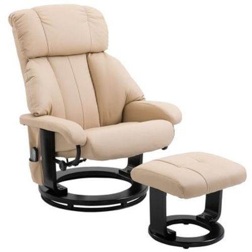 HOMCOM Recliner with Ottoman Footrest, Recliner Chair with Vibration Massage, Faux Leather and Swivel Wood Base for Living Room and Bedroom, Beige
