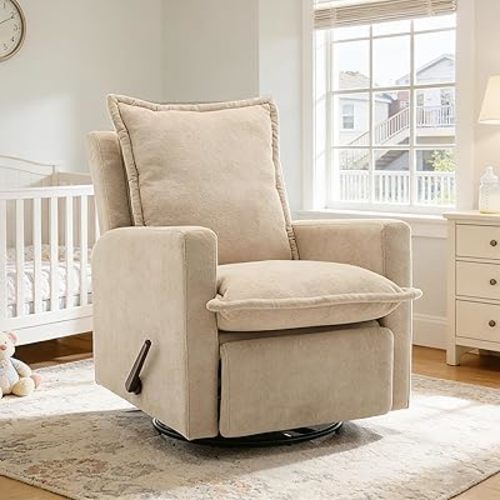 Euthymia Swivel Rocking Chair Nursery, High Back Glider Rocker Recliner Chair for Small Spaces, Manual Reclining Sofa for Living Room, Bedroom, Beige