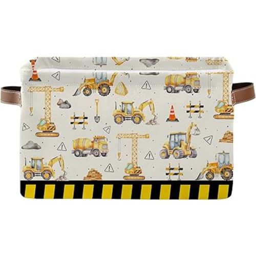 Construction Truck Basket - Excavator Storage Baskets Collapsible - Bulldozer Storages Bin Decor - Tractor Decor for Boys Room - Excavator Rectangle Baskets for Kids Clothes, Gifts, Books